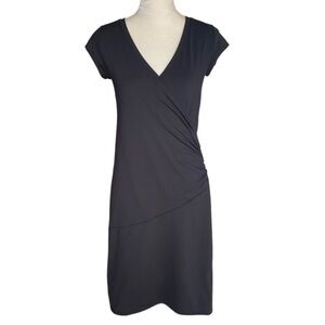 Athleta Nectar Ruched Faux Wrap V Neck Short Sleeve Black T Shirt Midi Dress